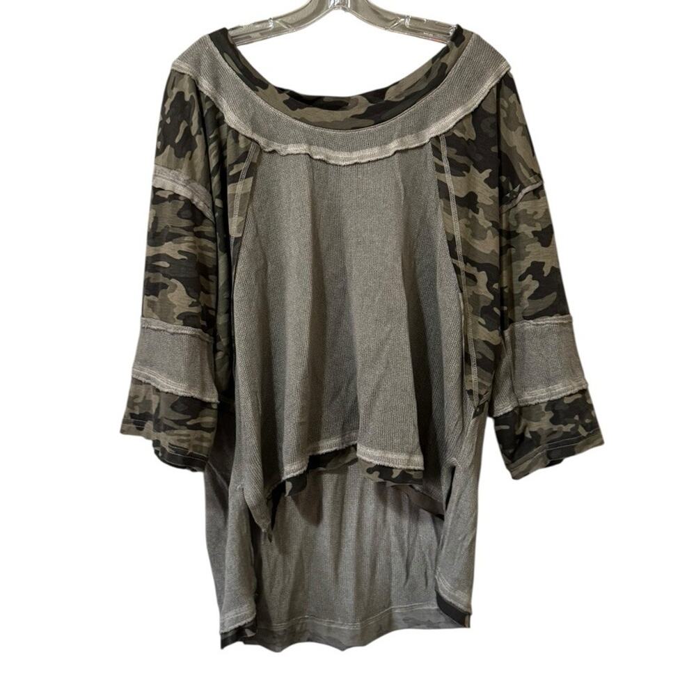 POL Women Large Camouflage Lightweight Tunic Top Hi Low Stretch Casual‎ Grunge